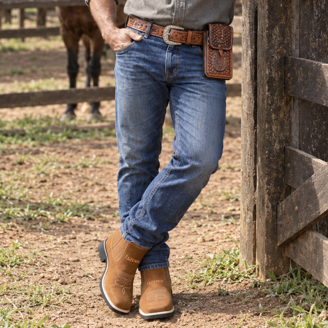 Kit Bota Masculina Boiadeiro de Cano Curto em Couro Legítimo + 3 BRINDES: Chapéu, Cinto e Capinha