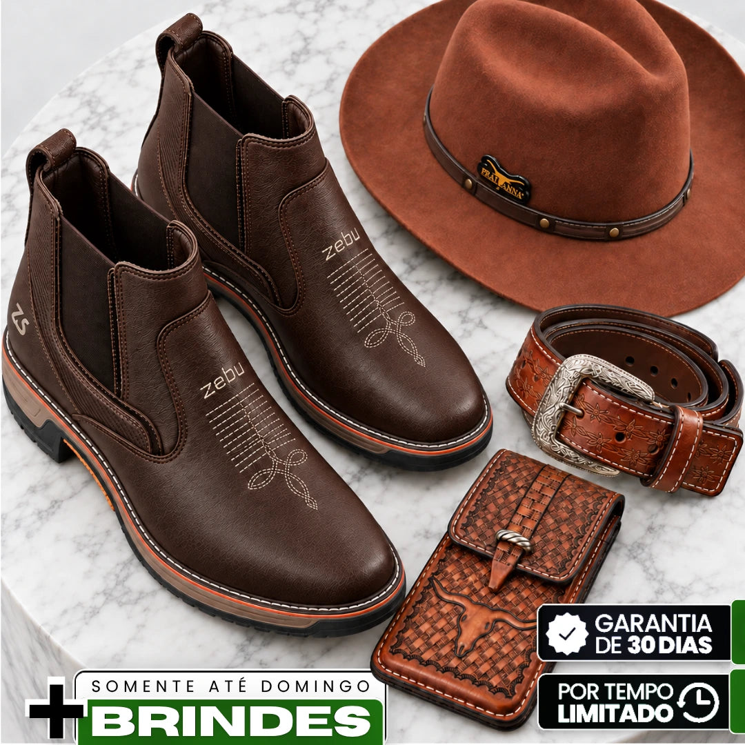 Kit Bota Taurus Masculina em Couro Legítimo, Borracha e Elastano de Alta Resistência com Solado Jump Antiderrapante + BRINDES