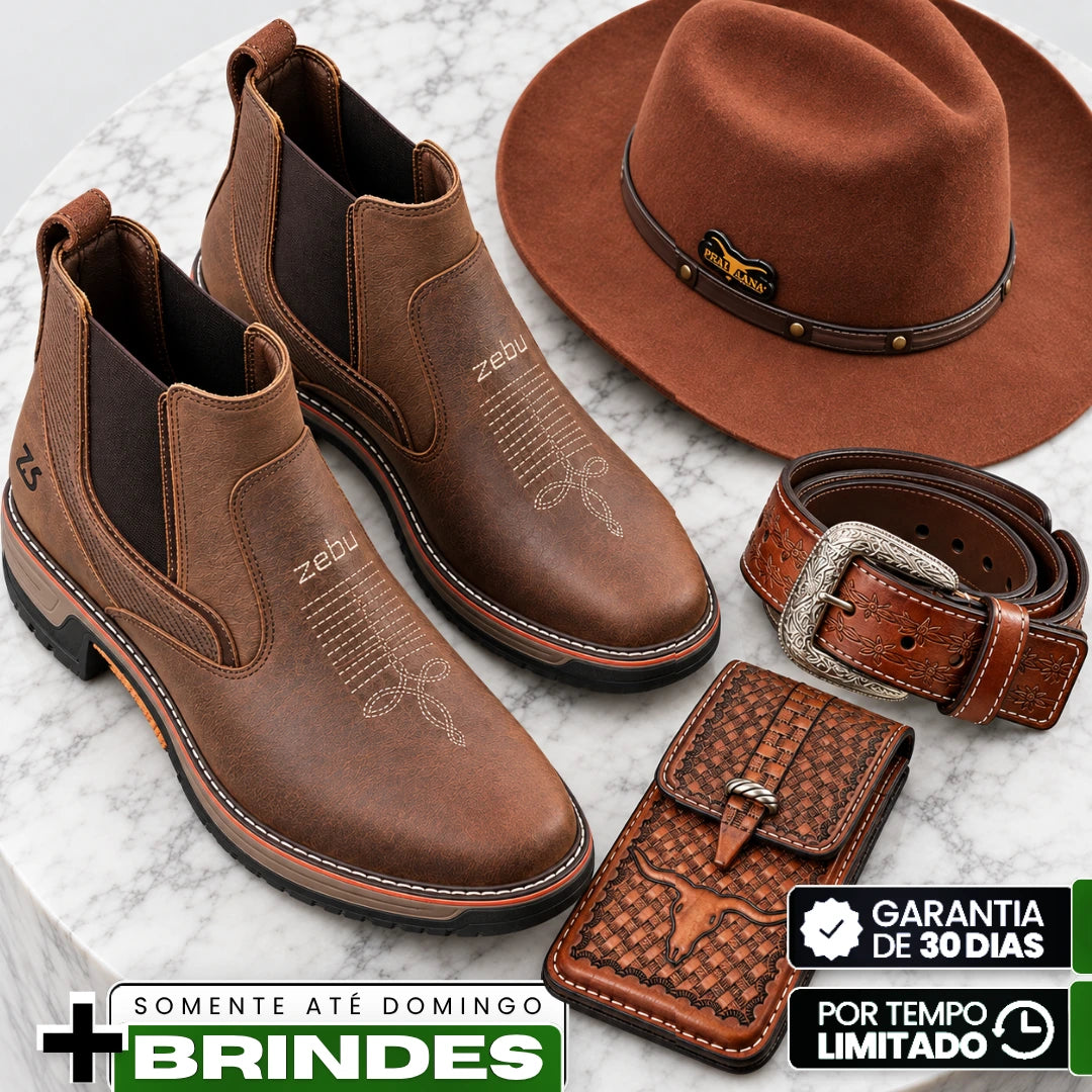 Kit Bota Taurus Masculina em Couro Legítimo, Borracha e Elastano de Alta Resistência com Solado Jump Antiderrapante + BRINDES