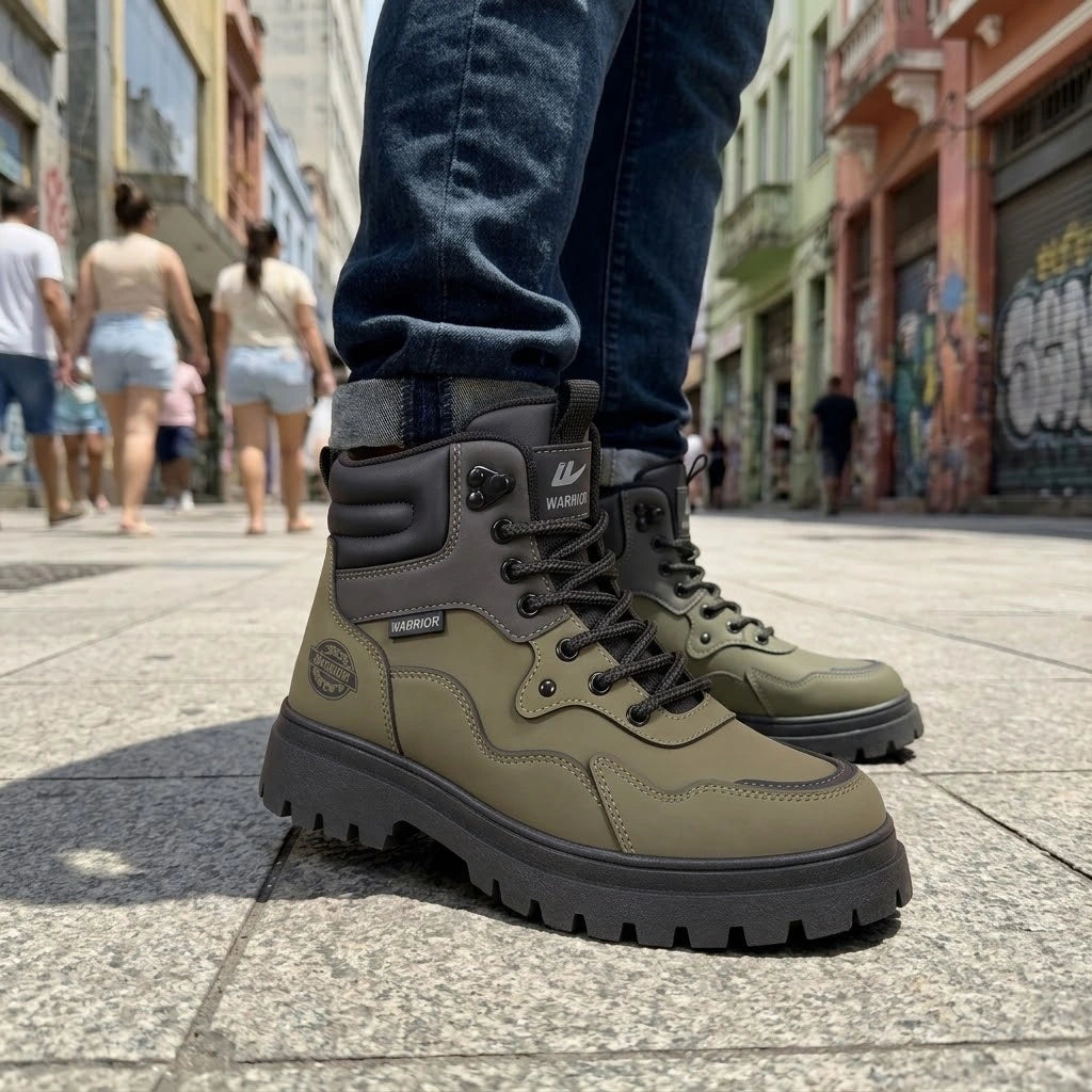 Kit Bota Branor Masculino em Couro Legítimo de Cano Médio com Solado Tratorado, Colarinho Acolchoado e Amarração por Cadarço + 3 BRINDES: Óculos + Relógio + Cinto