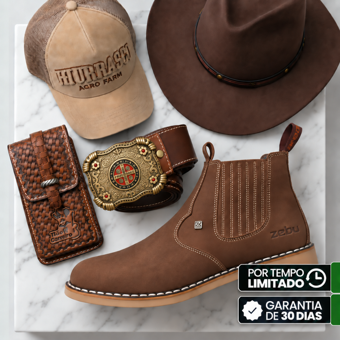 Kit Bota Arizona Masculina Ortopédica de Couro Legítimo + BRINDES: Chapéu, Cinto e Capinha