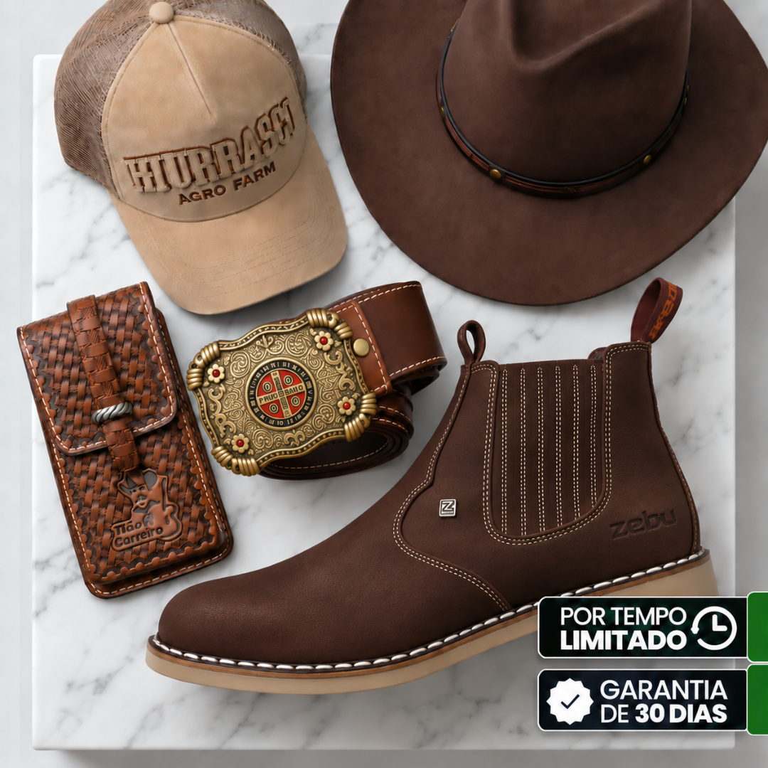 Kit Bota Arizona Masculina Ortopédica de Couro Legítimo + BRINDES: Chapéu, Cinto e Capinha