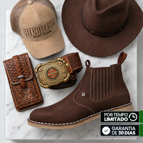 Kit Bota Arizona Masculina Ortopédica de Couro Legítimo + BRINDES: Chapéu, Cinto e Capinha
