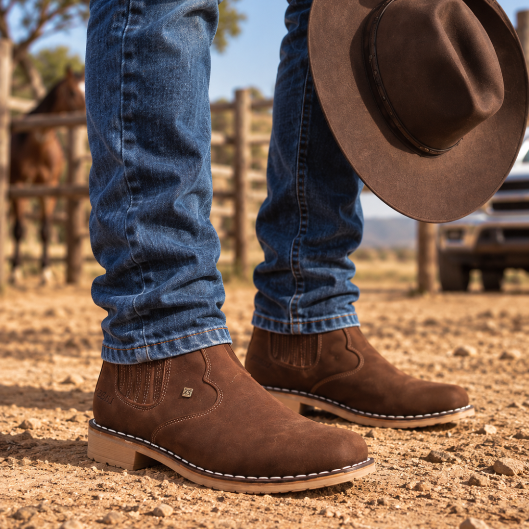 Kit Bota Arizona Masculina Ortopédica de Couro Legítimo + BRINDES: Chapéu, Cinto e Capinha