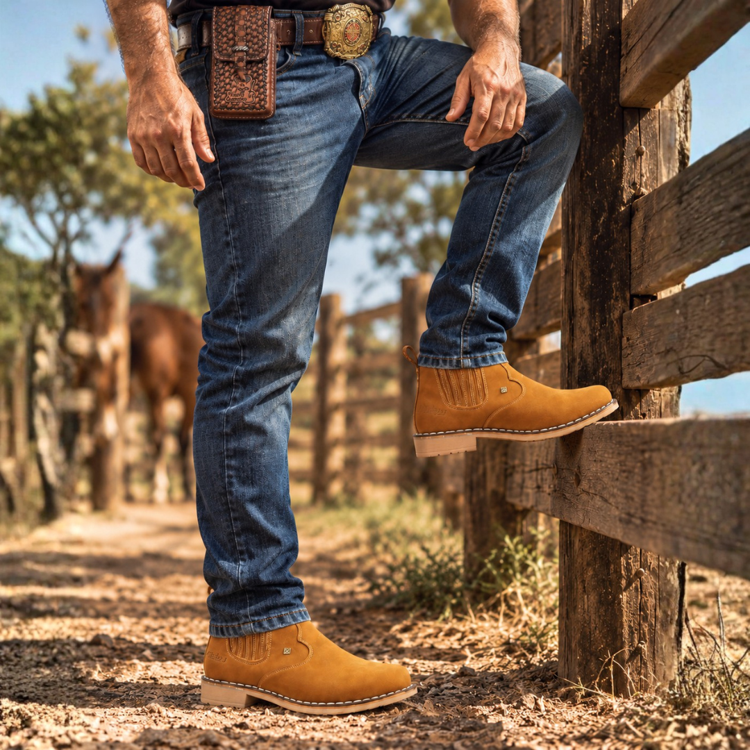 Kit Bota Arizona Masculina Ortopédica de Couro Legítimo + BRINDES: Chapéu, Cinto e Capinha