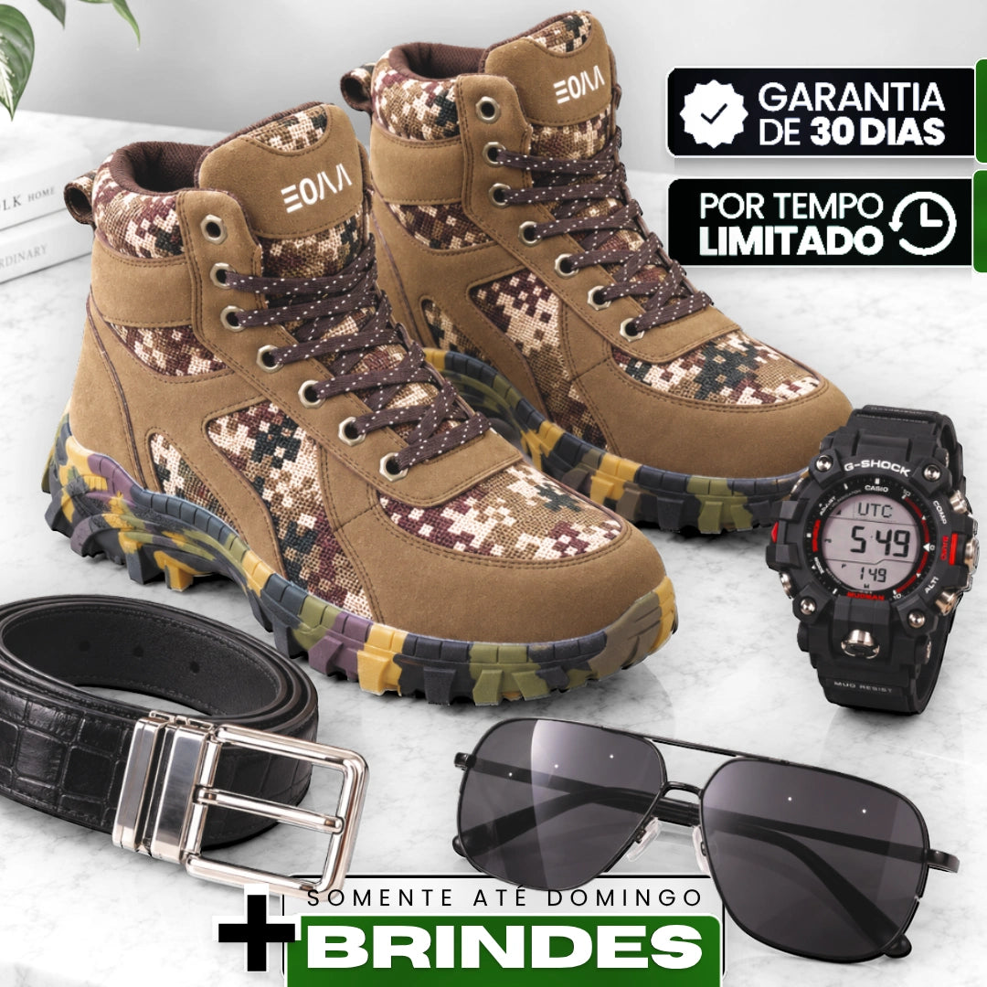 Kit Bota Kronos Masculino em Couro Legítimo, Ripstop e Borracha de Suporte Ortopédico com Cano Curto e Sola Camuflada + BRINDES: Cinto, Relógio e Óculos de Sol
