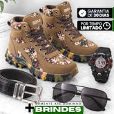 Kit Bota Kronos Masculino em Couro Legítimo, Ripstop e Borracha de Suporte Ortopédico com Cano Curto e Sola Camuflada + BRINDES: Cinto, Relógio e Óculos de Sol