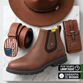 Kit Bota Zaron Masculina Ortopédica e Antiderrapante de Couro Legítimo + BRINDES: Chapéu, Cinto e Capinha