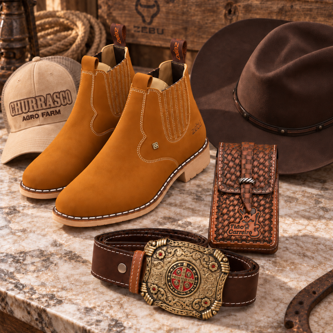 Kit Bota Arizona Masculina Ortopédica de Couro Legítimo + BRINDES: Chapéu, Cinto e Capinha