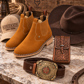 Kit Bota Arizona Masculina Ortopédica de Couro Legítimo + BRINDES: Chapéu, Cinto e Capinha