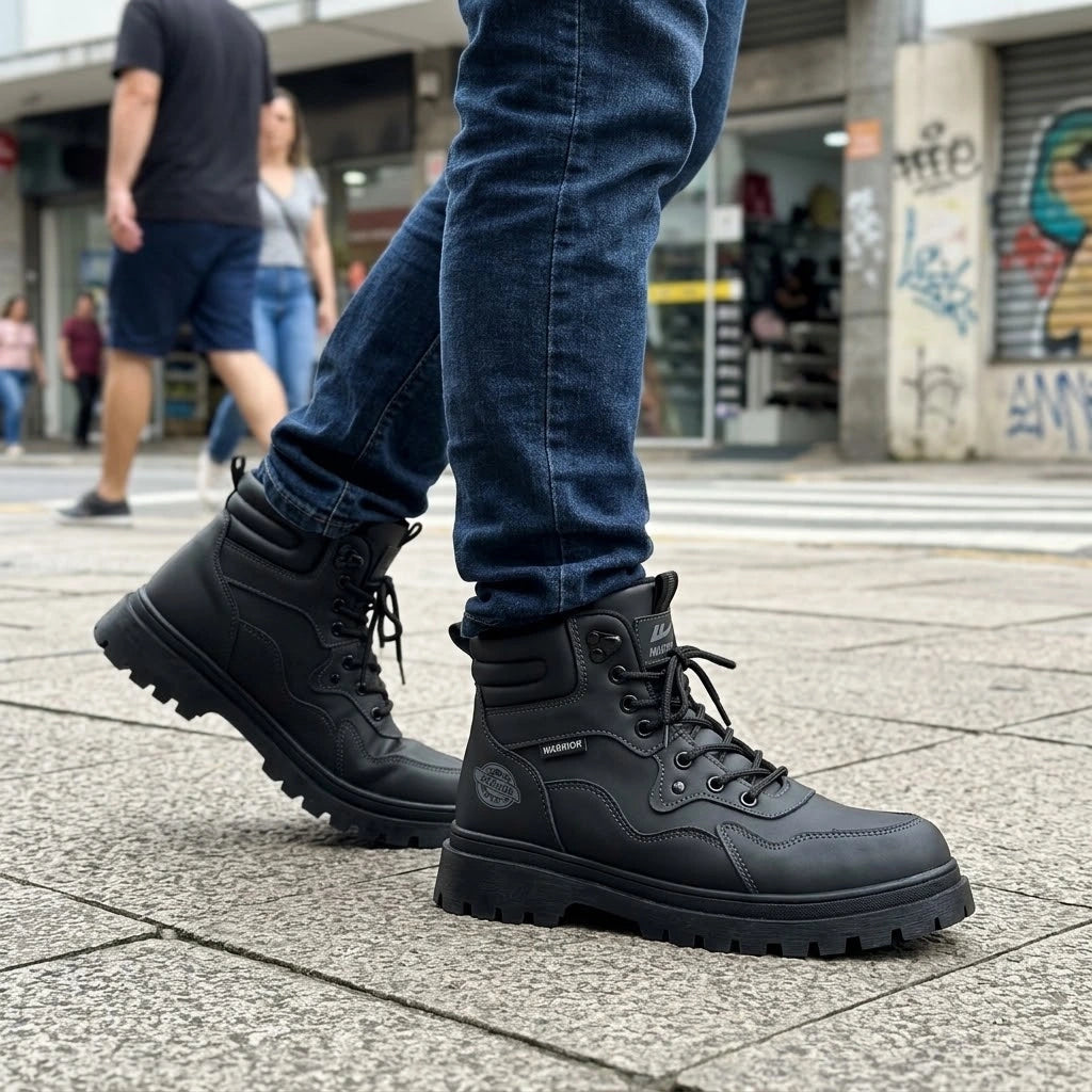 Kit Bota Branor Masculino em Couro Legítimo de Cano Médio com Solado Tratorado, Colarinho Acolchoado e Amarração por Cadarço + 3 BRINDES: Óculos + Relógio + Cinto
