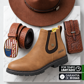 Kit Bota Zaron Masculina Ortopédica e Antiderrapante de Couro Legítimo + BRINDES: Chapéu, Cinto e Capinha