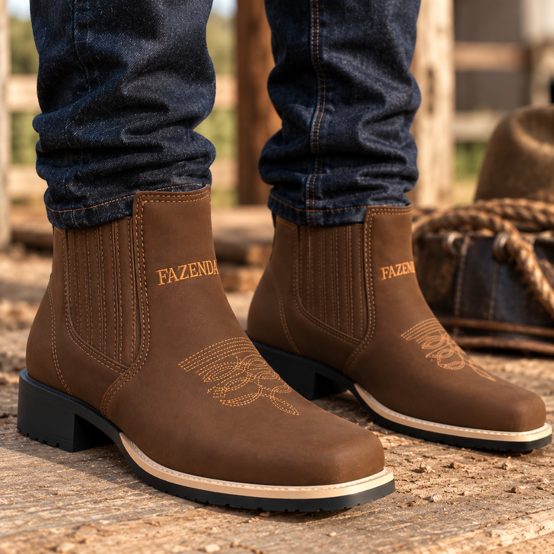 Kit Bota Masculina Boiadeiro de Cano Curto em Couro Legítimo + 3 BRINDES: Chapéu, Cinto e Capinha