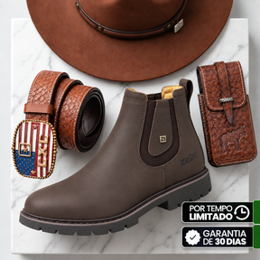 Kit Bota Zaron Masculina Ortopédica e Antiderrapante de Couro Legítimo + BRINDES: Chapéu, Cinto e Capinha