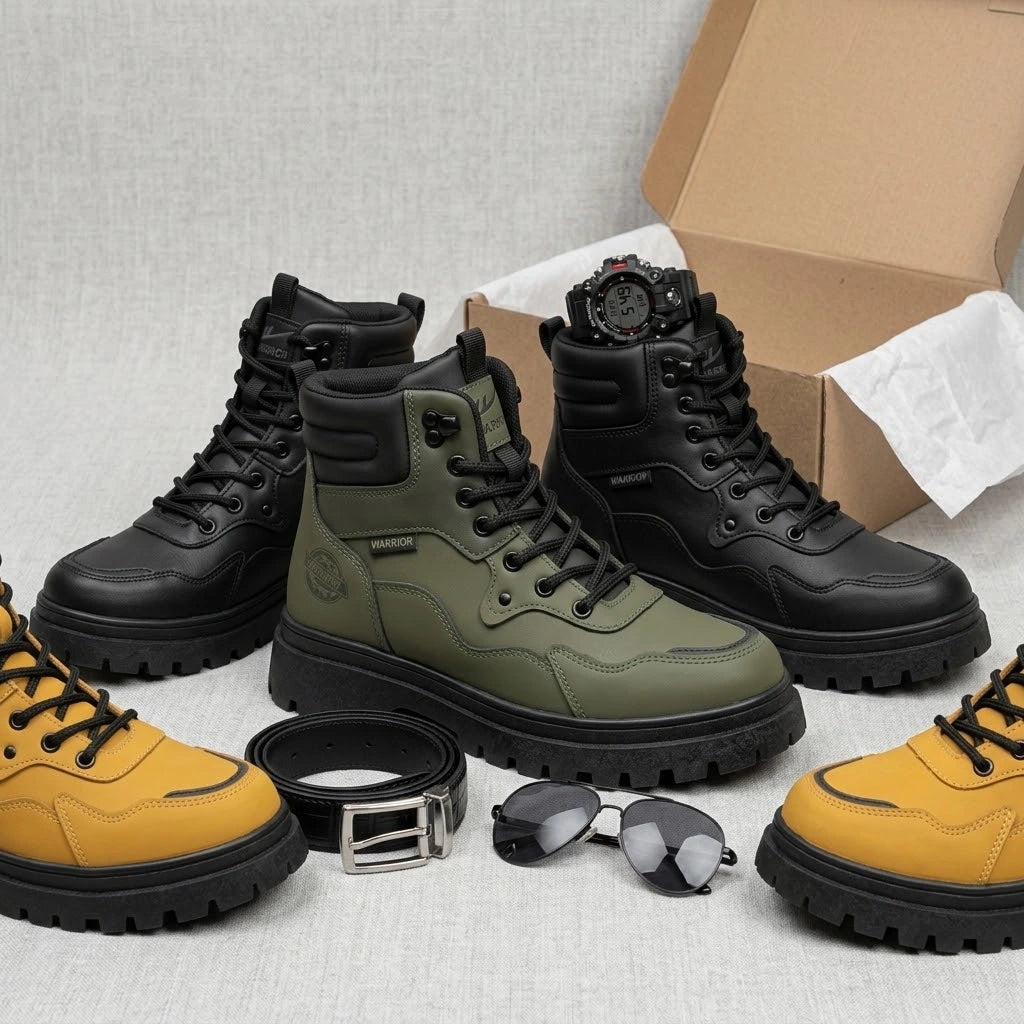 Kit Bota Branor Masculino em Couro Legítimo de Cano Médio com Solado Tratorado, Colarinho Acolchoado e Amarração por Cadarço + 3 BRINDES: Óculos + Relógio + Cinto