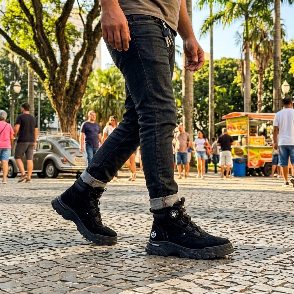 Kit Bota Vorn Masculina em Couro Legítimo de Cano Alto com Solado Tratorado e Ajuste por Disco + BRINDES: Cinto, Relógio e Óculso de Sol
