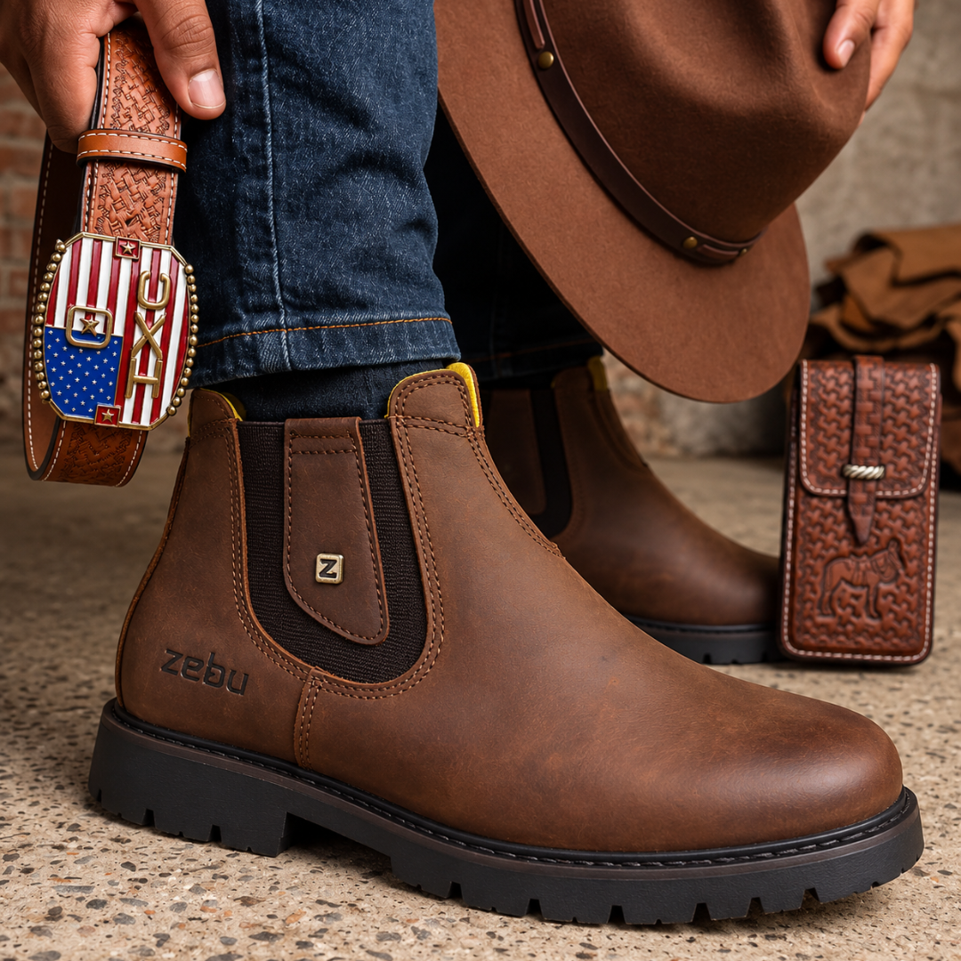 Kit Bota Zaron Masculina Ortopédica e Antiderrapante de Couro Legítimo + BRINDES: Chapéu, Cinto e Capinha