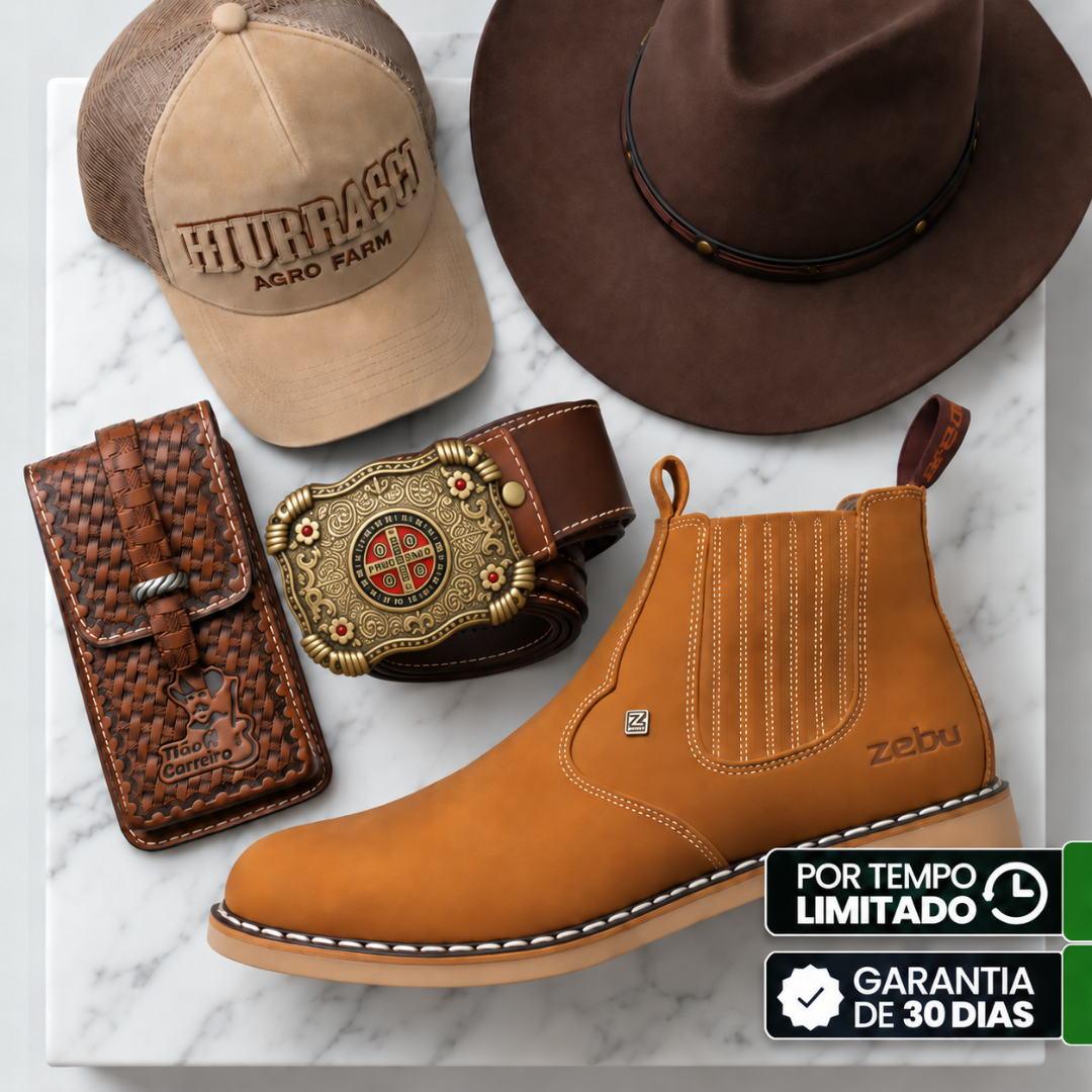 Kit Bota Arizona Masculina Ortopédica de Couro Legítimo + BRINDES: Chapéu, Cinto e Capinha