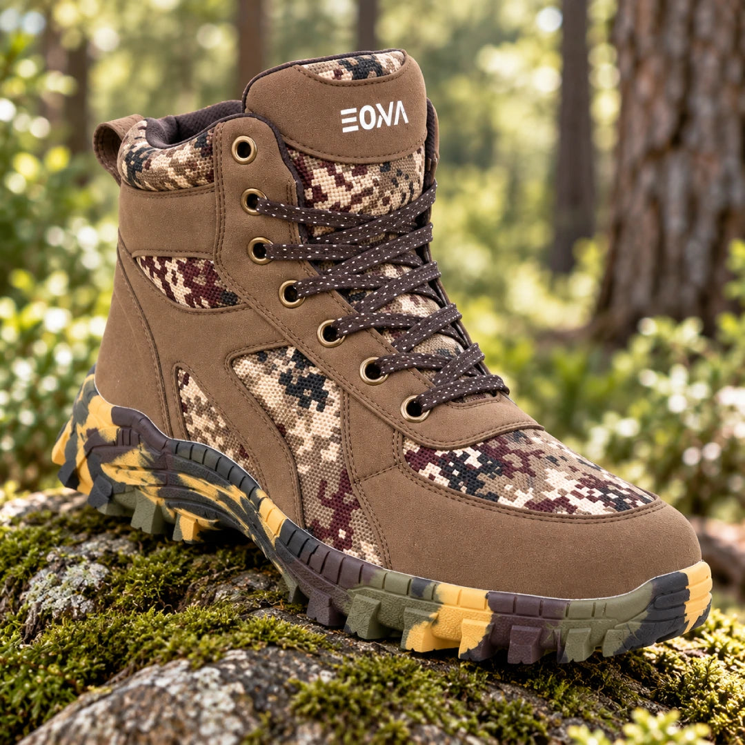 Kit Bota Kronos Masculino em Couro Legítimo, Ripstop e Borracha de Suporte Ortopédico com Cano Curto e Sola Camuflada + BRINDES: Cinto, Relógio e Óculos de Sol
