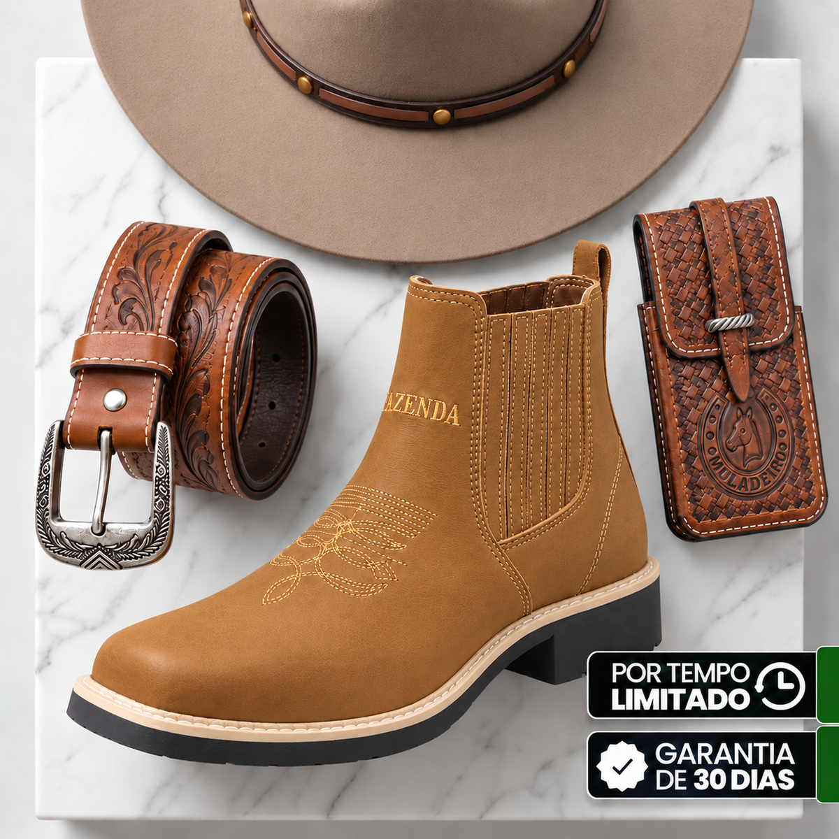 Kit Bota Masculina Boiadeiro de Cano Curto em Couro Legítimo + 3 BRINDES: Chapéu, Cinto e Capinha