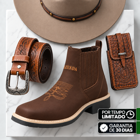 Kit Bota Masculina Boiadeiro de Cano Curto em Couro Legítimo + 3 BRINDES: Chapéu, Cinto e Capinha