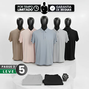 [Leve 5, Pague Só 3] Camisa Polo Varex em Seda Gelada, Poliéster e Spandex + 2 Calças e Relógio GRÁTIS!
