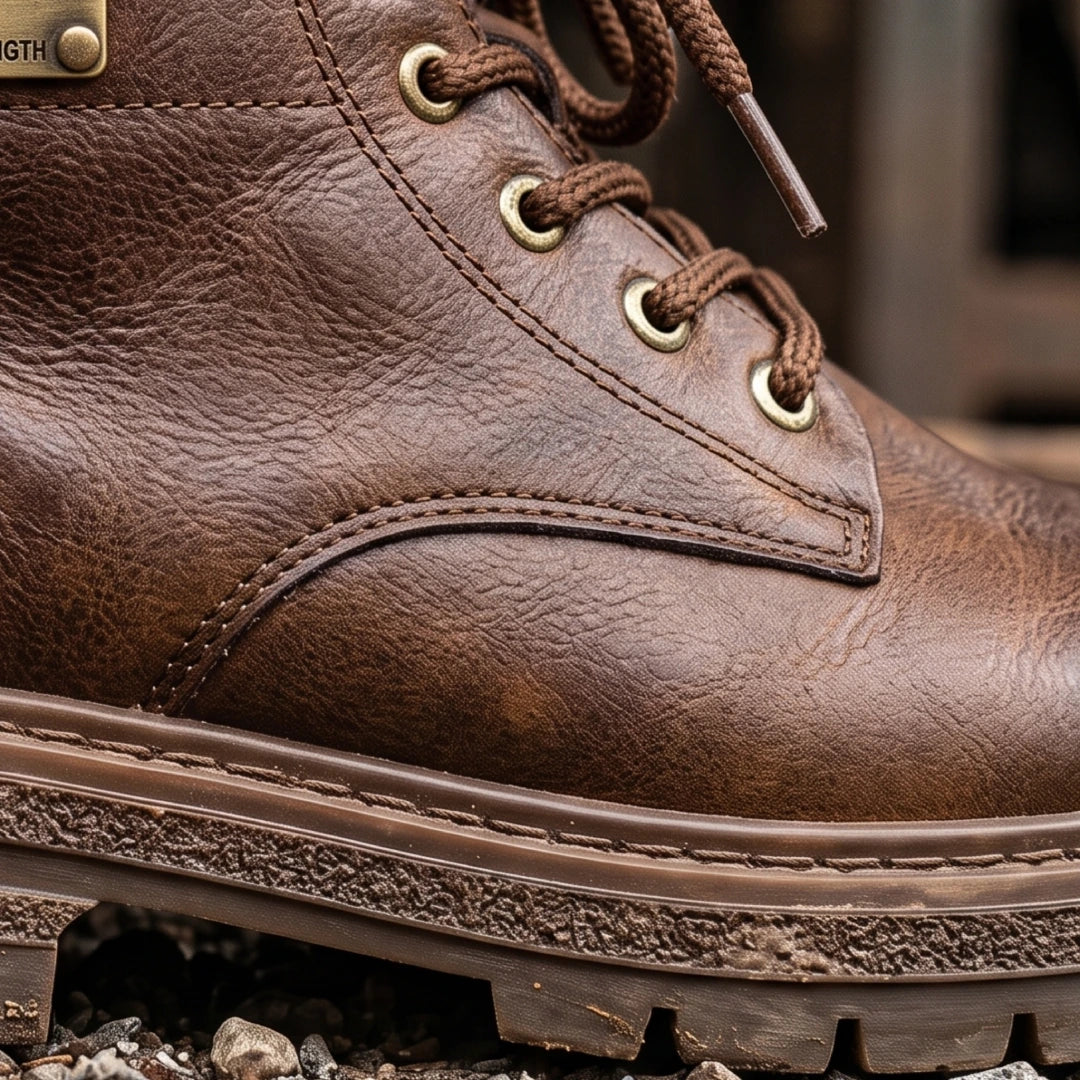 Kit Bota Brutax Ortopédica Masculina em Couro Legítimo, Borracha Maciça e Metal Rústico de Alta Tração com Placa Lateral Industrial + BRINDES: