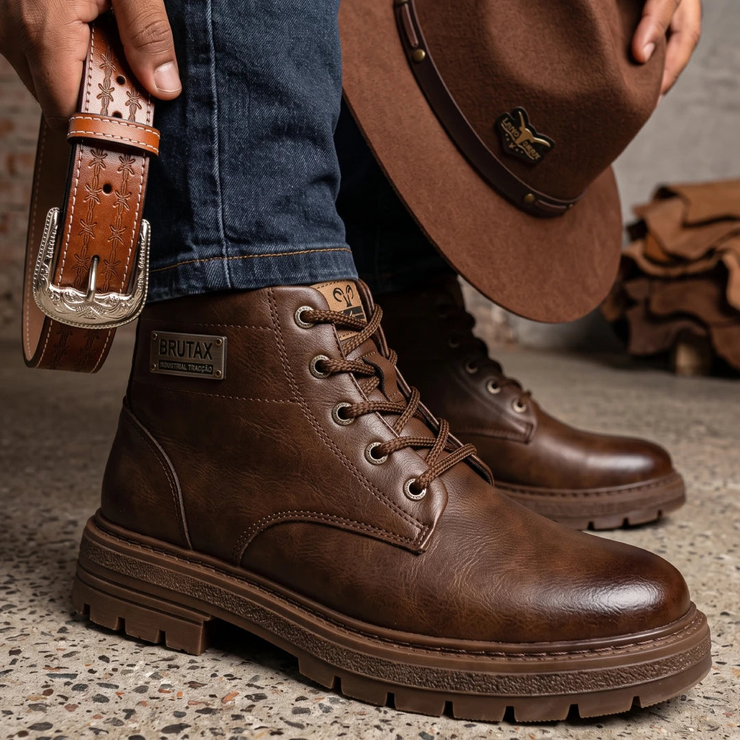 Kit Bota Brutax Ortopédica Masculina em Couro Legítimo, Borracha Maciça e Metal Rústico de Alta Tração com Placa Lateral Industrial + BRINDES: