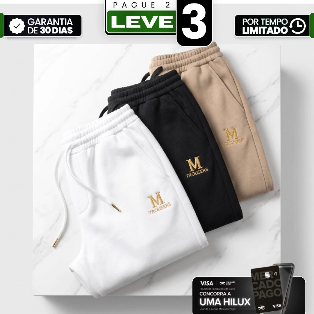 [Leve 3, Pague Só 2!] Calça Trousers Masculina em Algodão, Poliéster com Forro Térmico e Proteção Corta-Vento de Painel Interno