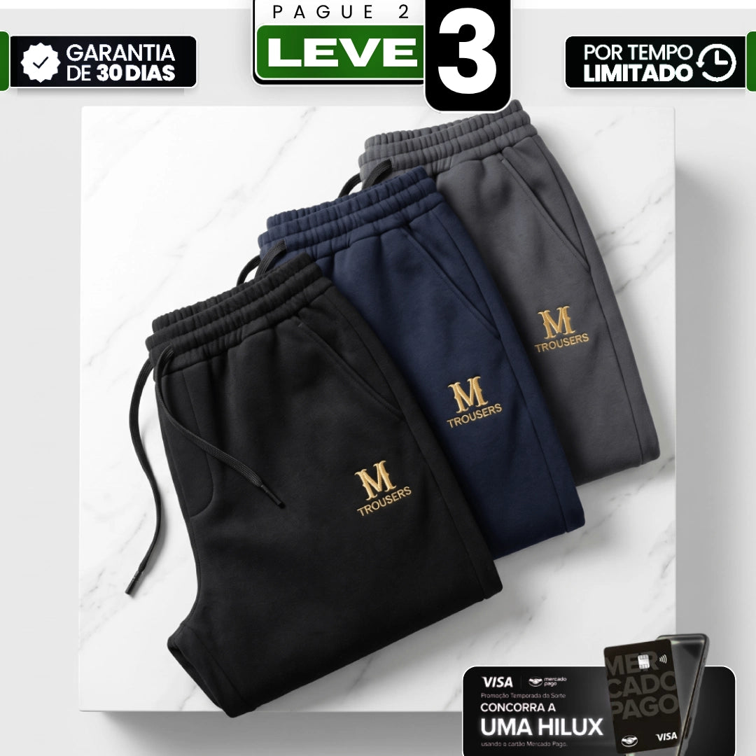 [Leve 3, Pague Só 2!] Calça Trousers Masculina em Algodão, Poliéster com Forro Térmico e Proteção Corta-Vento de Painel Interno