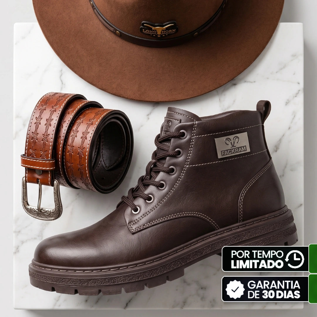 Kit Bota Brutax Ortopédica Masculina em Couro Legítimo, Borracha Maciça e Metal Rústico de Alta Tração com Placa Lateral Industrial + BRINDES: