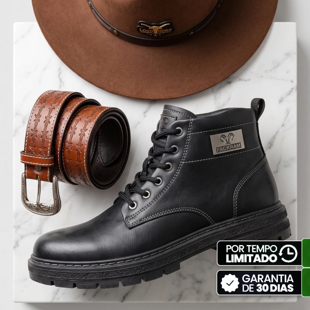 Kit Bota Brutax Ortopédica Masculina em Couro Legítimo, Borracha Maciça e Metal Rústico de Alta Tração com Placa Lateral Industrial + BRINDES: