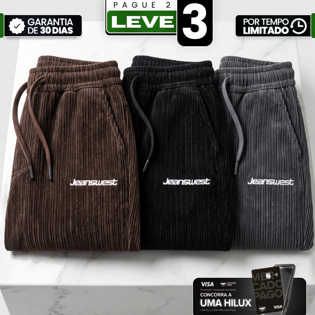 [Pague 2 e Leve 3] Calça Draken Masculina em Veludo Cotelê, Fibras Flexíveis e Algodão de Alta Resistência com Ajuste Jogger e Cós Adaptável