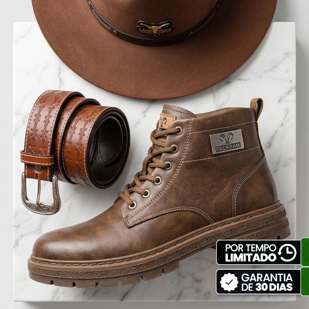 Kit Bota Brutax Ortopédica Masculina em Couro Legítimo, Borracha Maciça e Metal Rústico de Alta Tração com Placa Lateral Industrial + BRINDES: