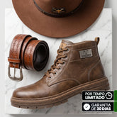 Kit Bota Brutax Ortopédica Masculina em Couro Legítimo, Borracha Maciça e Metal Rústico de Alta Tração com Placa Lateral Industrial + BRINDES: