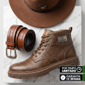 Kit Bota Brutax Ortopédica Masculina em Couro Legítimo, Borracha Maciça e Metal Rústico de Alta Tração com Placa Lateral Industrial + BRINDES:
