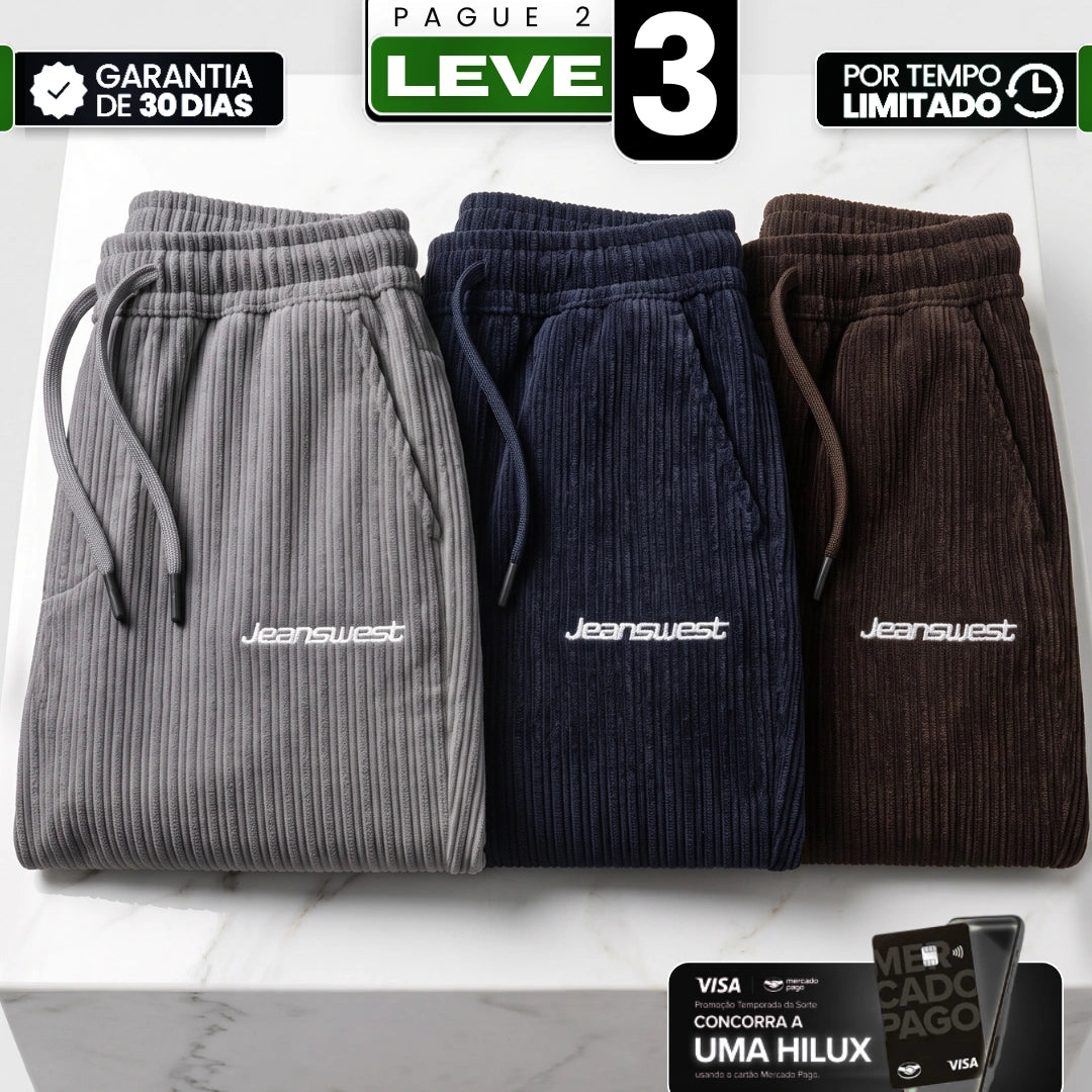 [Pague 2 e Leve 3] Calça Draken Masculina em Veludo Cotelê, Fibras Flexíveis e Algodão de Alta Resistência com Ajuste Jogger e Cós Adaptável