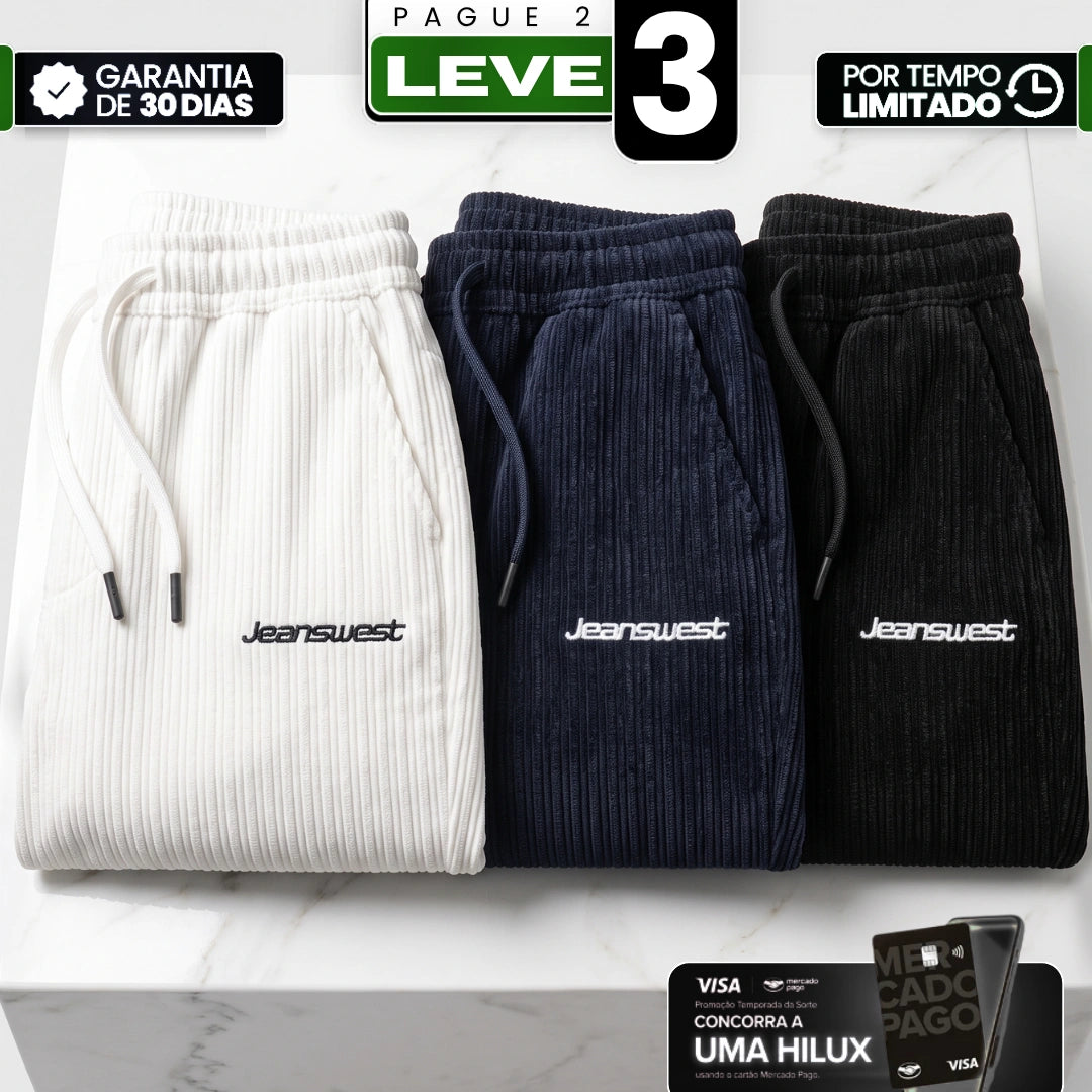 [Pague 2 e Leve 3] Calça Draken Masculina em Veludo Cotelê, Fibras Flexíveis e Algodão de Alta Resistência com Ajuste Jogger e Cós Adaptável