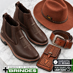 Kit Bota Taurus Masculina em Couro Legítimo, Borracha e Elastano de Alta Resistência com Solado Jump Antiderrapante + BRINDES