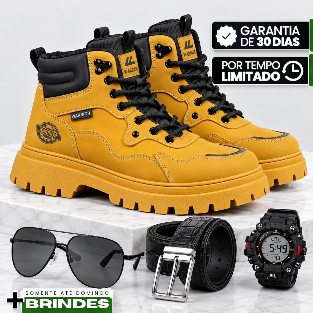 Kit Bota Branor Masculino em Couro Legítimo de Cano Médio com Solado Tratorado, Colarinho Acolchoado e Amarração por Cadarço + 3 BRINDES: Óculos + Relógio + Cinto
