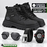 Kit Bota Branor Masculino em Couro Legítimo de Cano Médio com Solado Tratorado, Colarinho Acolchoado e Amarração por Cadarço + 3 BRINDES: Óculos + Relógio + Cinto