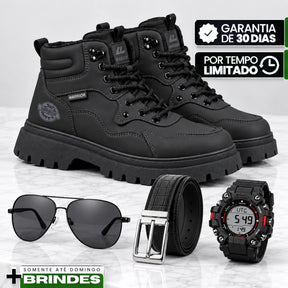 Kit Bota Branor Masculino em Couro Legítimo de Cano Médio com Solado Tratorado, Colarinho Acolchoado e Amarração por Cadarço + 3 BRINDES: Óculos + Relógio + Cinto
