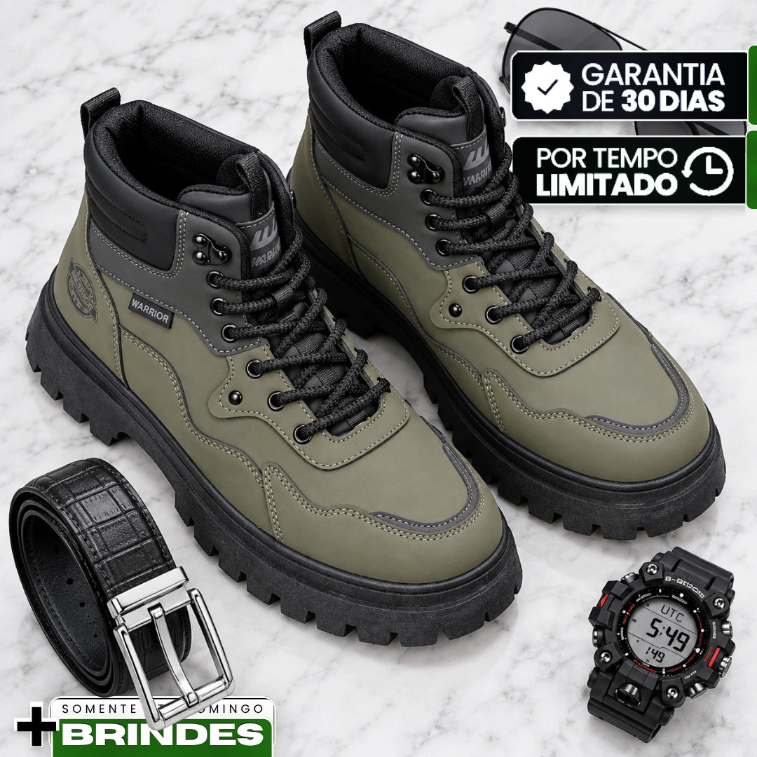 Kit Bota Branor Masculino em Couro Legítimo de Cano Médio com Solado Tratorado, Colarinho Acolchoado e Amarração por Cadarço + 3 BRINDES: Óculos + Relógio + Cinto