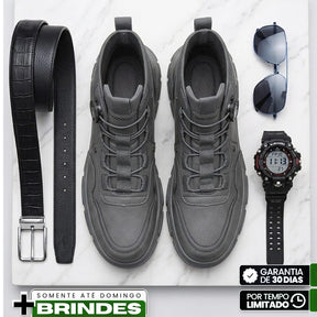 Kit Bota Vorn Masculina em Couro Legítimo de Cano Alto com Solado Tratorado e Ajuste por Disco + BRINDES: Cinto, Relógio e Óculso de Sol