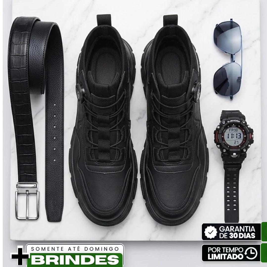 Kit Bota Vorn Masculina em Couro Legítimo de Cano Alto com Solado Tratorado e Ajuste por Disco + BRINDES: Cinto, Relógio e Óculso de Sol