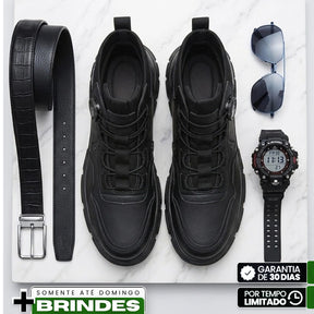 Kit Bota Vorn Masculina em Couro Legítimo de Cano Alto com Solado Tratorado e Ajuste por Disco + BRINDES: Cinto, Relógio e Óculso de Sol
