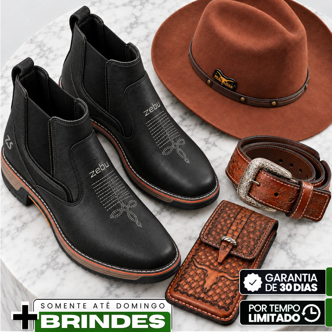 Kit Bota Taurus Masculina em Couro Legítimo, Borracha e Elastano de Alta Resistência com Solado Jump Antiderrapante + BRINDES