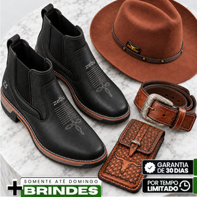 Kit Bota Taurus Masculina em Couro Legítimo, Borracha e Elastano de Alta Resistência com Solado Jump Antiderrapante + BRINDES