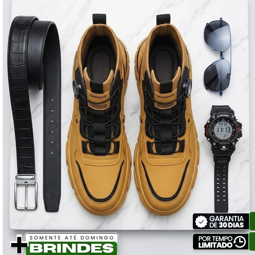 Kit Bota Vorn Masculina em Couro Legítimo de Cano Alto com Solado Tratorado e Ajuste por Disco + BRINDES: Cinto, Relógio e Óculso de Sol