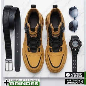 Kit Bota Vorn Masculina em Couro Legítimo de Cano Alto com Solado Tratorado e Ajuste por Disco + BRINDES: Cinto, Relógio e Óculso de Sol